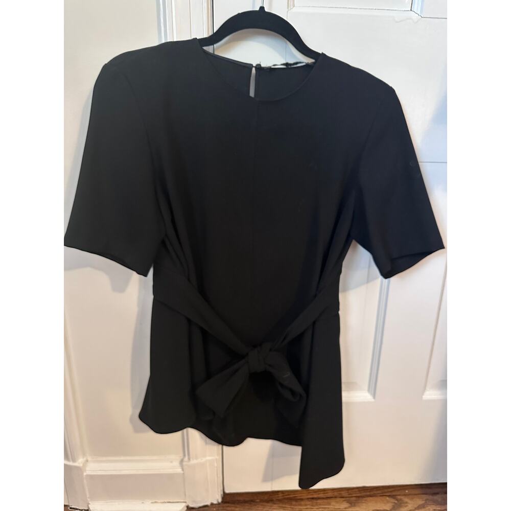 ZARA Belted Short Sleeve Peplum Asymmetrical Hem Top, Black, Medium